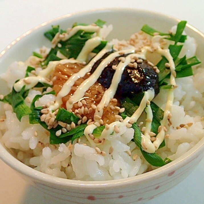 胡麻マヨで　韮となめたけと海苔佃煮のご飯